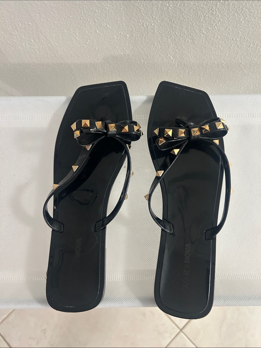 Fashion Nova Black Bow Thong Sandals with Gold Studs